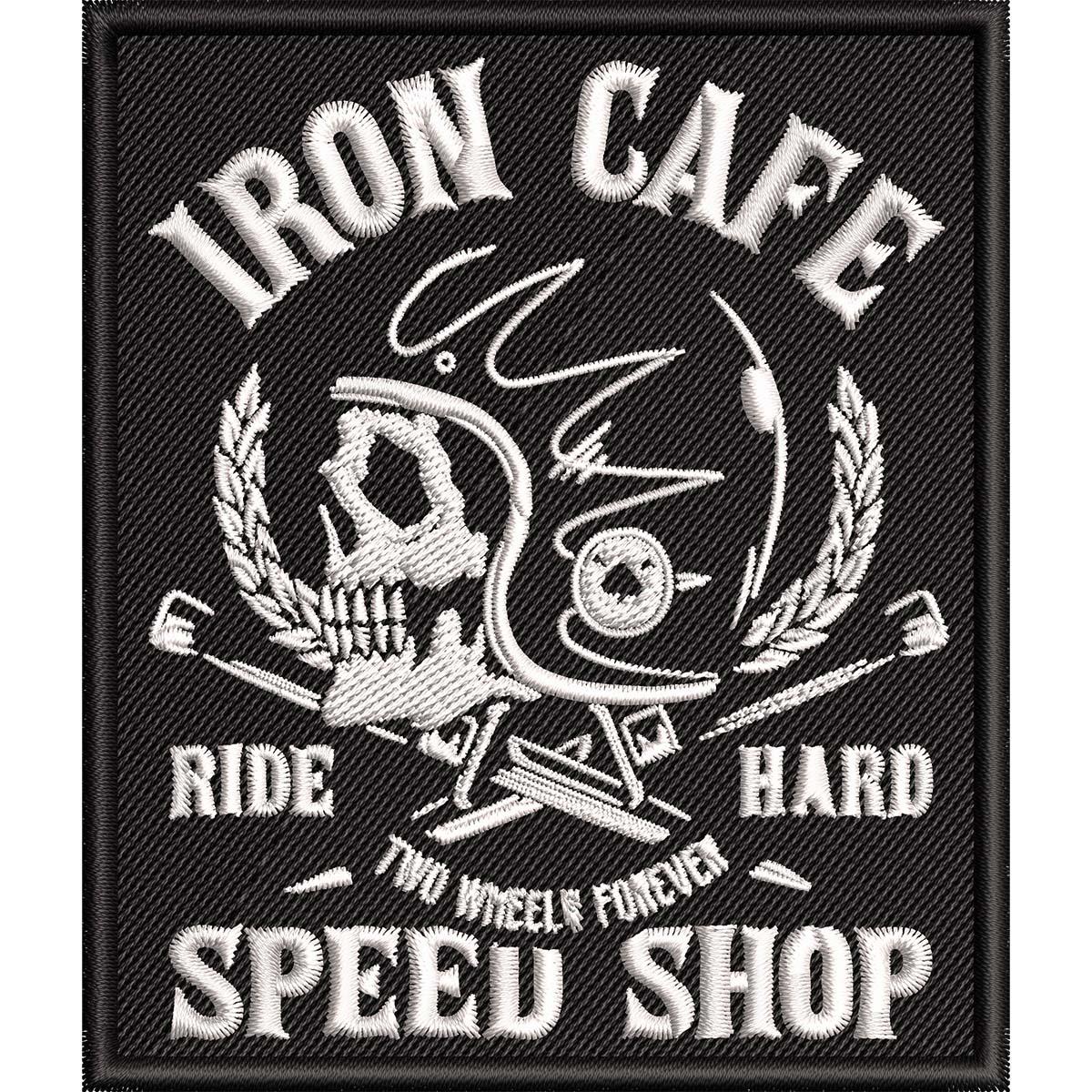 Нашивка патч "Iron Cafe Speed ​​Shop. Ride Hard" 85х100мм на клейовій основі