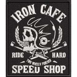 Нашивка патч "Iron Cafe Speed Shop. Ride Hard" 85х100мм на клеевой основе