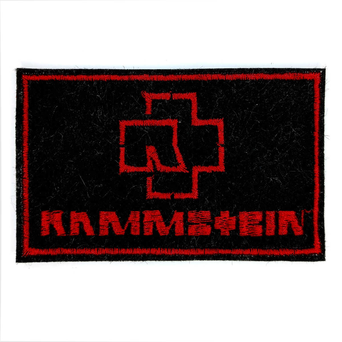 Нашивка патч RAMMSTEIN логотип с названием группы в красно-чёрный рамке 90х60мм на клеевой основе